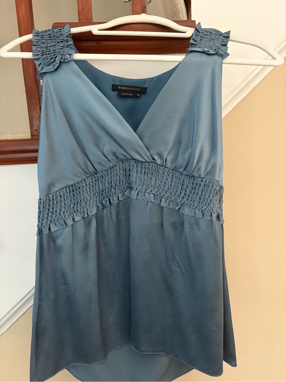 BCBGMaxAzria Dusty Blue High-Low V-Neck Smocked Dress